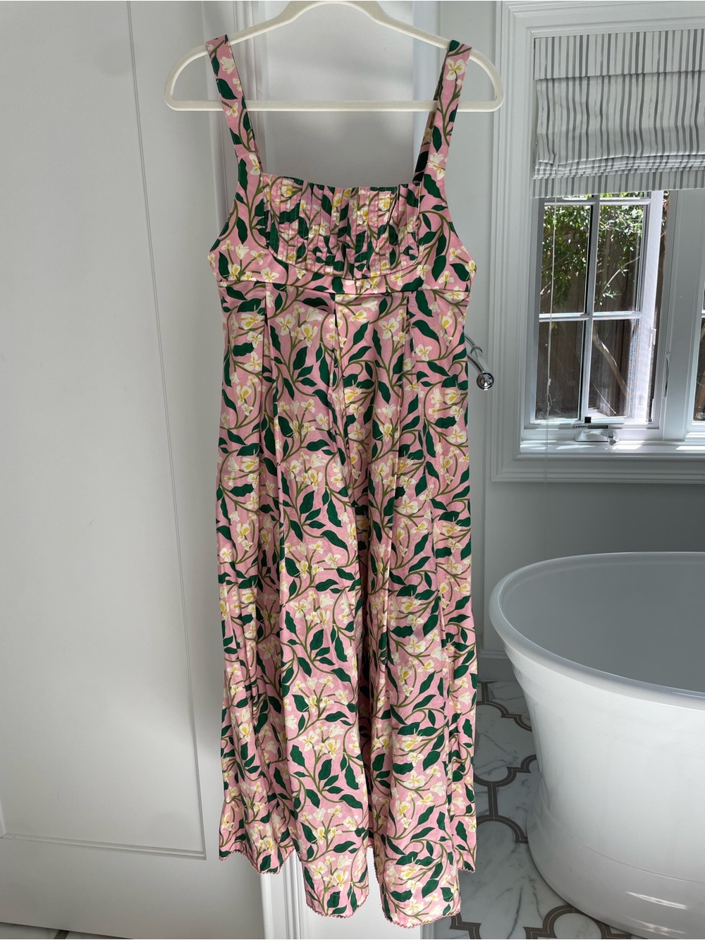 Agua by Agua Bendita Pink Floral Midi Dress with Green Leaves